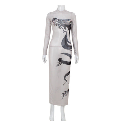 Summer Women Elegant Street Round Neck Long Sleeve Dragon Print Cool Handsome Slim Fit Elegant Hip Dress