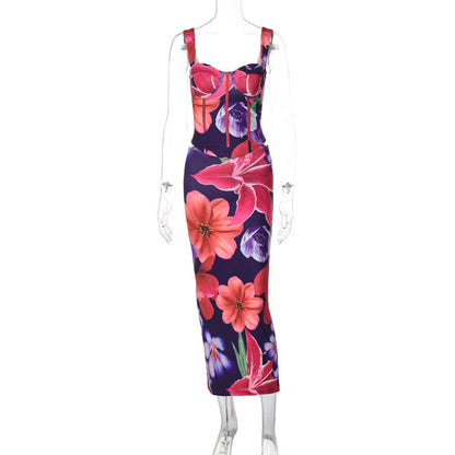 Summer Women Clothing Sleeveless Vest Slim Midi Dress Two Piece Set Printing Women