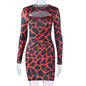 Women Clothing round Neck Hollow Out Cutout Digital Printing Pullover Sheath Long Sleeve Dress Trendy Dress