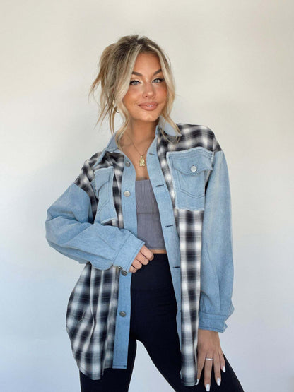 Autumn Winter Denim Stitching Plaid Coat Loose Top Women