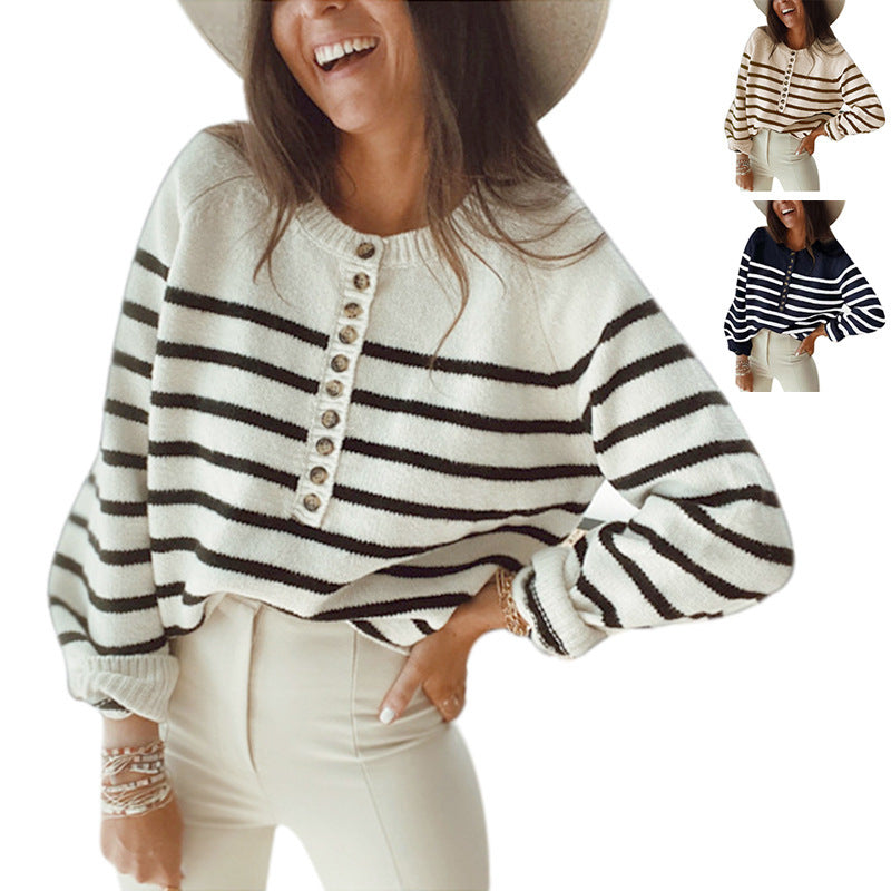 Knitwear Striped Pullover Top with Buttons for Women sweater