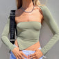 Women Clothing Spring Solid Color Long Sleeve Shawl off Shoulder Wrapped Chest Sexy Top