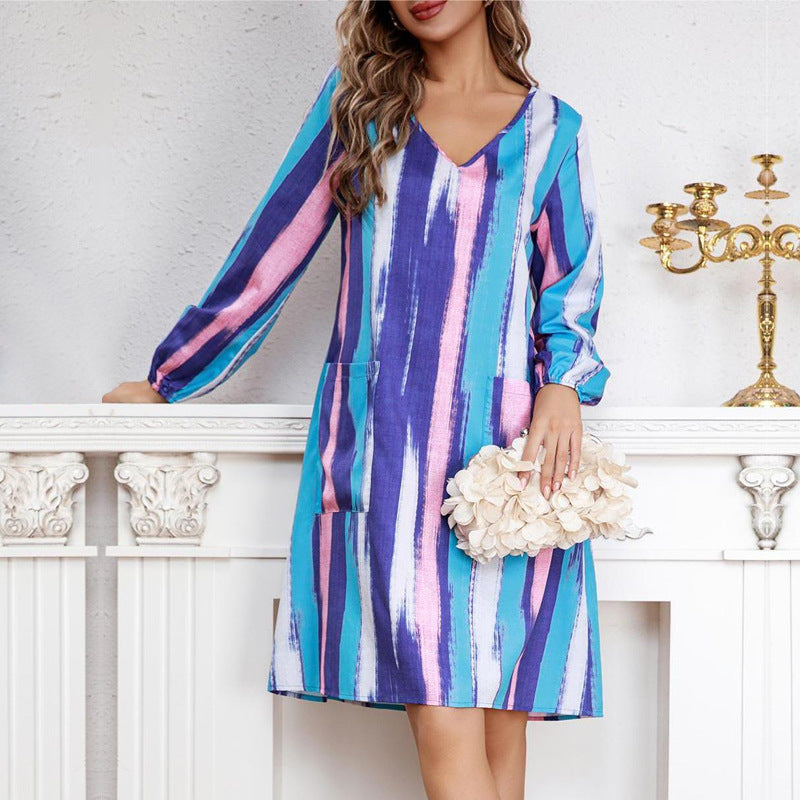 French Tie Dye Dress Travel Vacation Long Loose Retro Printed Dress