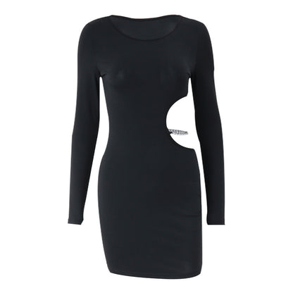 Autumn Women Round Neck Side Metal Decoration Hollow Out Cutout Sexy Hip Dress