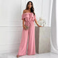 Women Clothing Summer Solid Color Office Ruffled off Shoulder Short Sleeved Jumpsuit