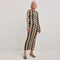 Autumn Winter Round Neck Wave Striped Contrast Color Bell Sleeve Woolen Maxi Dress