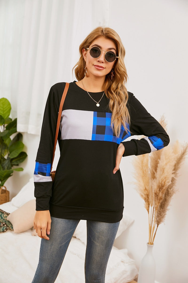 Round Neck Pullover Plaid Stitching Long Sleeve T shirt Loose Sweater Women Clothing