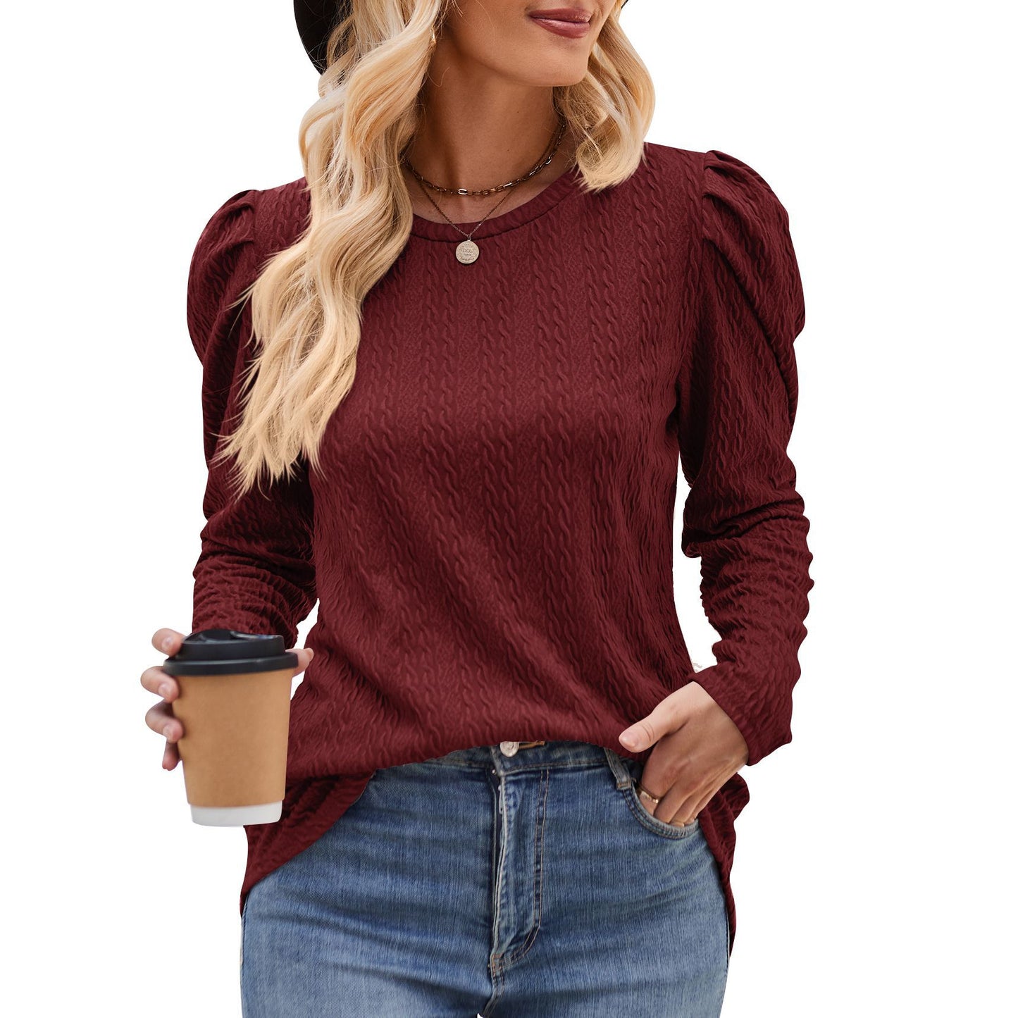 Women round Neck Puff Sleeve Knitted Jacquard Solid Color Top Long Sleeve Twist T shirt