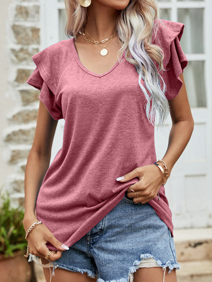 Women's Clothing Top V Neck Double Layer Ruffled Short Sleeves Women T Shirt