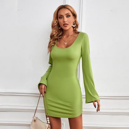 Women Clothing Autumn Winter Backless Sheath Sexy Short Bell Sleeve U Collar Knitted Party Dress