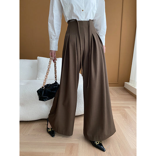 Niche Designer Office High Waist Lace Up Drooping Slimming Wide Leg Pants