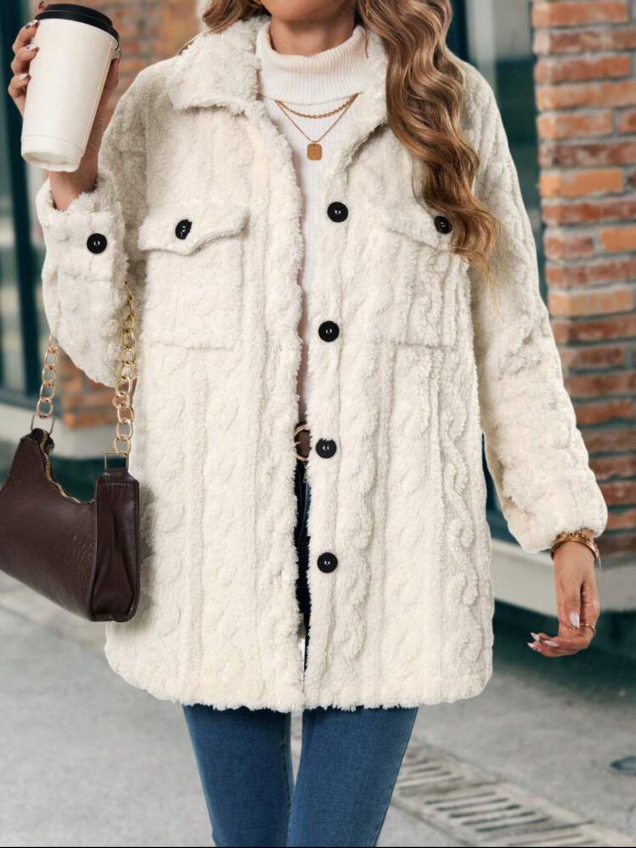 Double Sided Plush Button Cardigan Mid Length Casual Coat Women