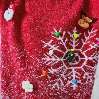 Round Neck Long Sleeve Snowflake Christmas Theme Three Dimensional Decoration Christmas Sweater Scarf Two Piece Set