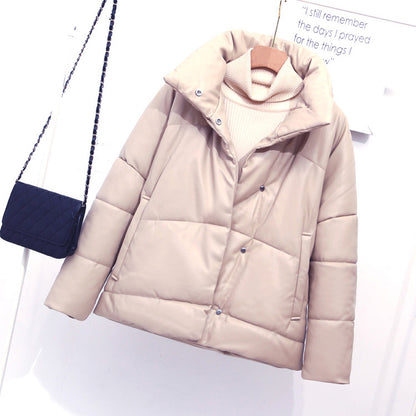 Winter Women Faux Leather Coat Single-Breasted Stand Collar Short Leather Coat Slim Jacket