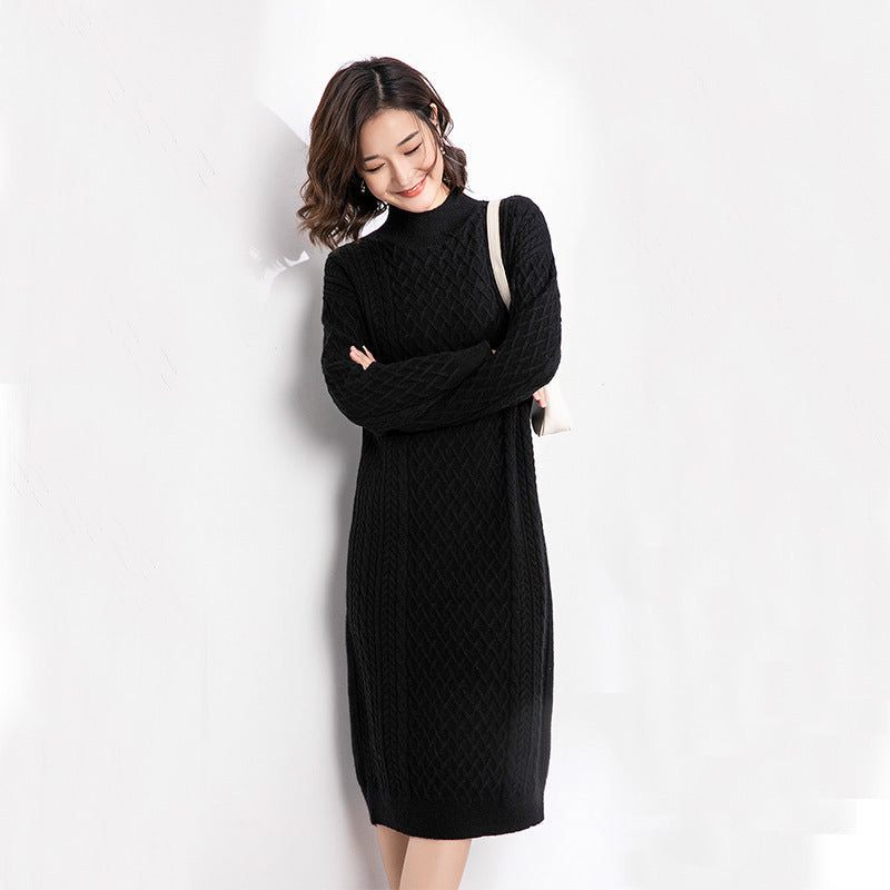 Autumn Winter Half High Collar Sweater Women Knitted Dress Mid Length Loose Over Knee Thickened Base Non Slit Woolen