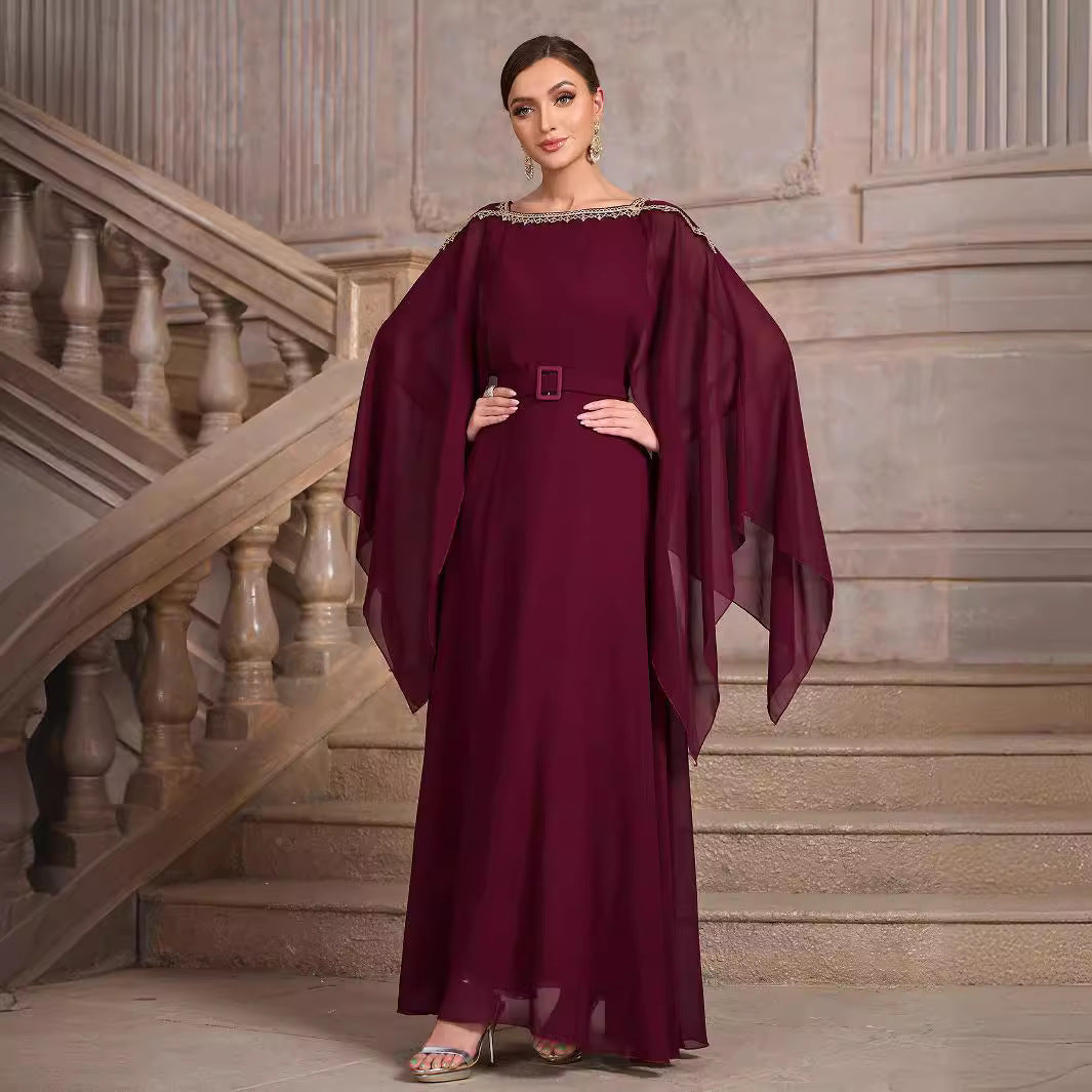 Solid Color Shawl Sleeve round Neck Belt Chiffon Elegant Cocktail Evening Dress