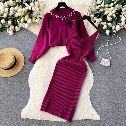 Crew Neck Beaded High Waist Short Exposed Cropped Two Piece Sweater Sexy Knitted Vest Dress Sets Women