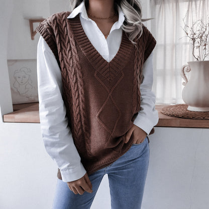 Autumn Winter V neck Twist Casual Loose Knitted Vest Sweater Waistcoat Women Clothing