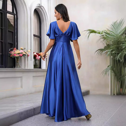 Summer Women Clothing V Neck Waist Design Satin Dress Elegant Graceful Waist Dress