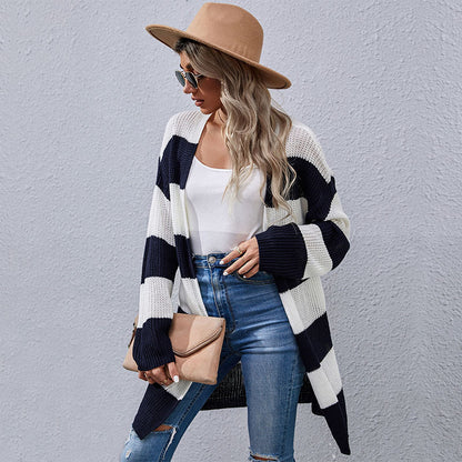 Autumn Winter Women Wear Long Sleeve Striped Cardigan Sweater Coat