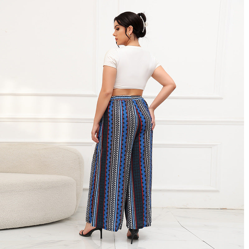 Wide Leg Pants Bohemian Striped Blue Elastic Waist Pants Seaside Vacation Beach Pants