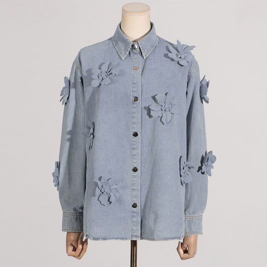 Simple Three Dimensional Floral Denim Top Women Summer Comfort Casual Shirt Denim Jacket Women