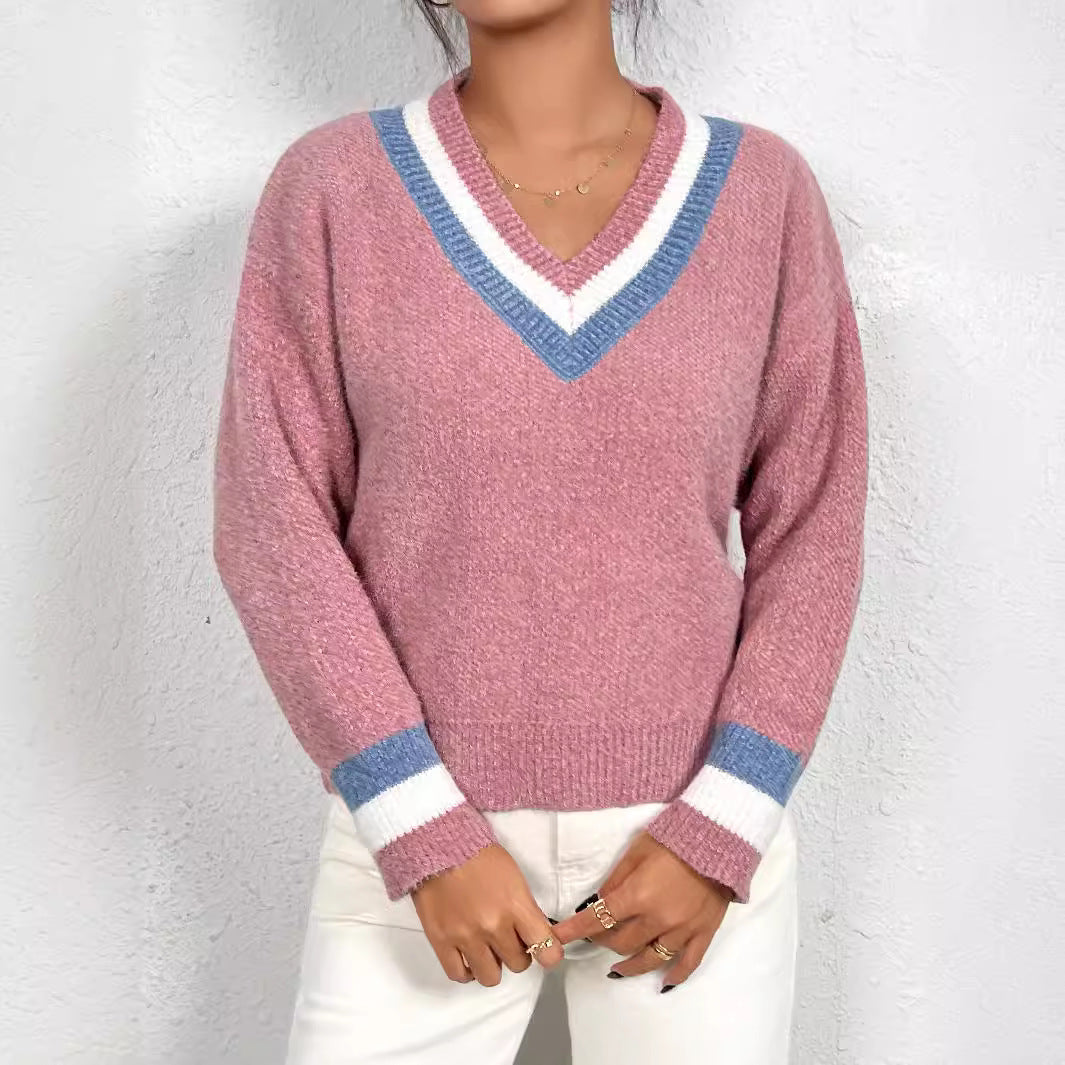 Chenille V Neck Pullover Sweater Women Clothing Spring Autumn Contrasting Color Cuff Knitted Top