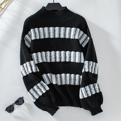 Striped Pullover Women Sweater Autumn Winter All Matching Loose Mock Neck Sweater