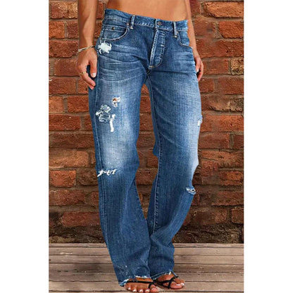 Women Denim Trousers Mid Waist Straight Leg Pants