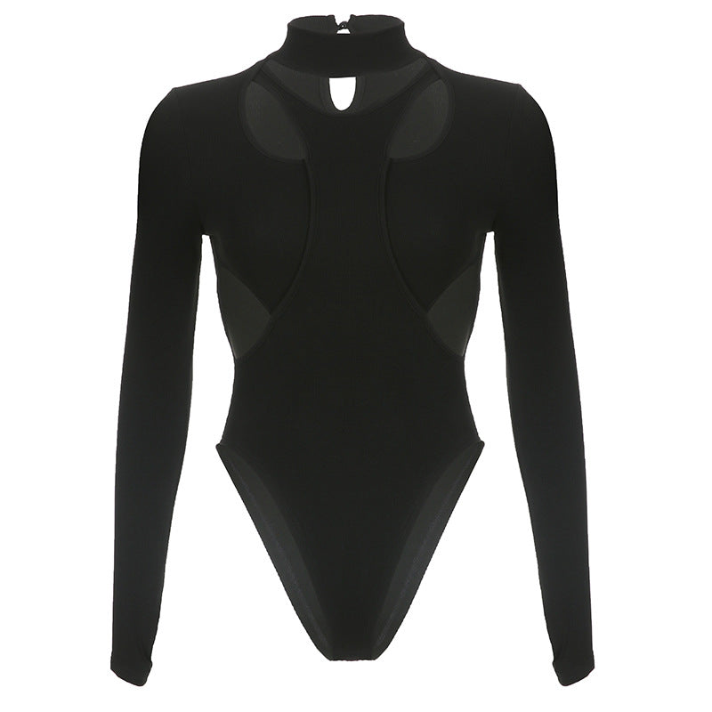 Sexy Cutout Design Stitching Faux Two Piece Stand Collar Thread Slim Solid Color Long Sleeve Base Bodysuit
