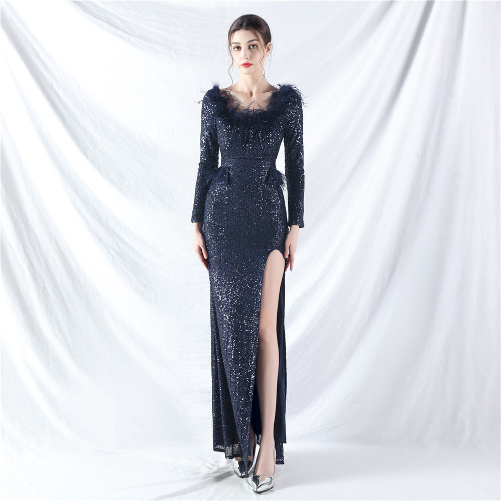 Craft Order Ostrich Feather Long Sleeve Sequin Evening Dress