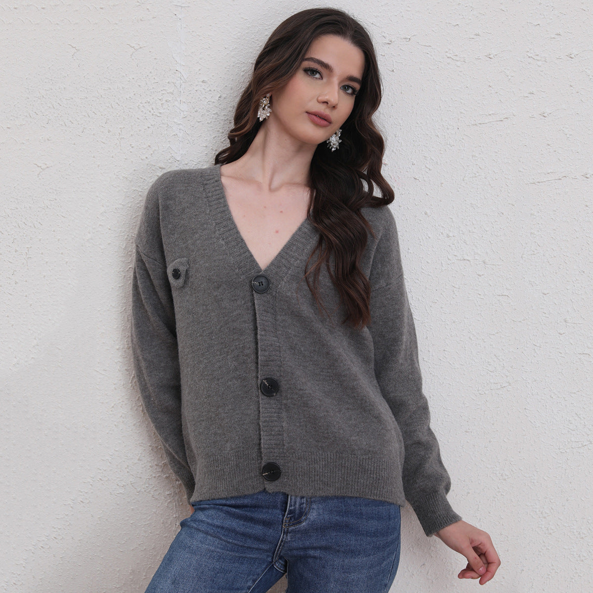 Women Clothing V Neck Button Sweater Cardigan Autumn Winter Casual Sweater