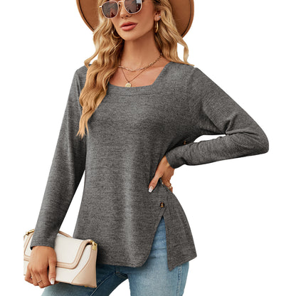 Autumn Winter Square Collar Button Slit Loose Long Sleeve T shirt Top Women