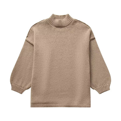 Autumn Winter Loose Mock Neck Office Faux Ide Out Wear Knitted Pullover Solid Color Sweater Women