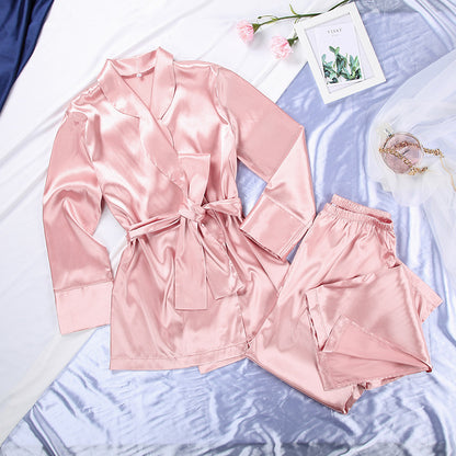 Autumn Winter  Satin Satin Satin Pink Nightgown Wedding Pajamas Women High-End Fashion Artificial Silk Morning Gowns Home Wear