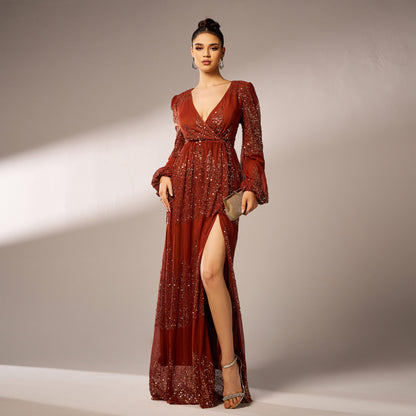 High End Long Sleeved Elegant V Neck Sexy Long Sequined Cocktail Evening Dress Bridesmaid Dress Dress Women