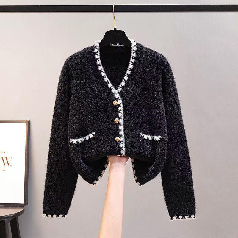 Classic Knitted Cardigan Women Autumn Winter Chenille Mink Velvet V Neck Sweater Women Coat