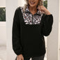 Loose Casual Leopard Print Long Sleeved Stitching Pullover Sweater Color Stitching Turnover Neck Top Women