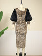 Sexy Leopard Print Diagonal Collar Puff Sleeve Dress Outdoors Office Oblique Slit Office Lady Dresses