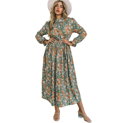 Green Pleated Long Sleeved Floral Dress with Tie Waist Trimming Dress