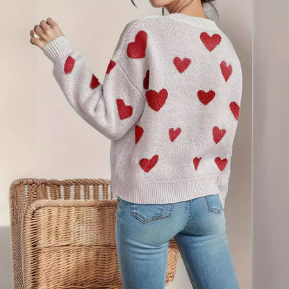 Korean Loose Casual Love Pattern Round Neck Drop Shoulder Oversleeve Sweater