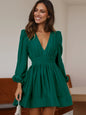 Autumn Winter Dress Women Clothing V neck Mid Length Dress Pleated Ruffled French Dress Dress