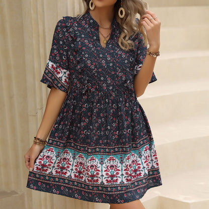 Summer Elegance Stand Collar Holiday Floral Print Dress