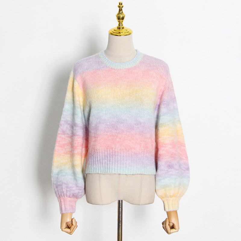 French Short Chic Idle Younger Knitwear Autumn Winter Gradient Rainbow Top Sweater