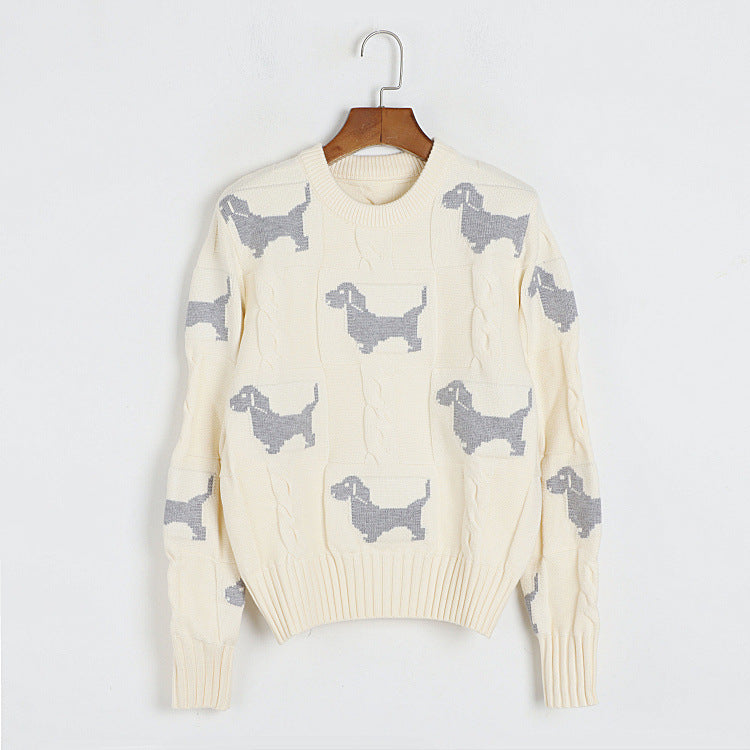 Women Thick Sweater Spring Autumn Winter All Match Puppy Mosaic round Neck Pullover Top