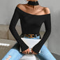 Women Clothing Autumn Winter Sexy off the Shoulder Slim Knitted Long Sleeved T shirt Elegant Top