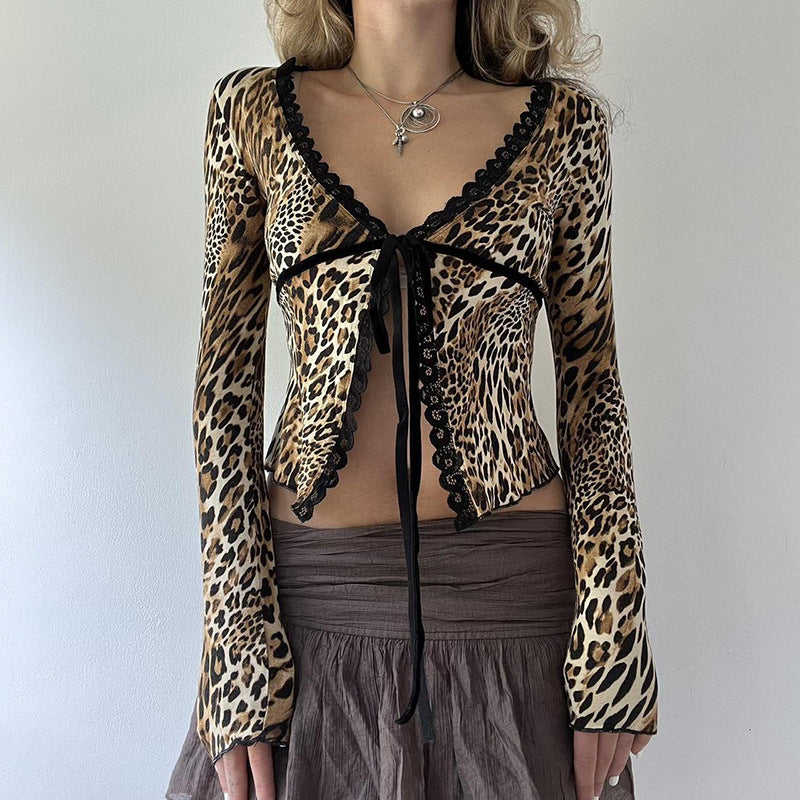 Leopard Print V Neck Lace Stitching Tied Small Cardigan T shirt Elastic Slim Fit Slimming Sexy Short Top