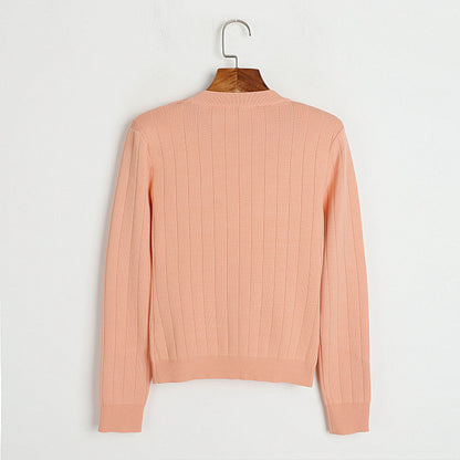 Women Round Neck Sweater with Shoulder Buckle Spring Autumn Simplicity Slim Fit Stretch Long Sleeve Sunken Stripe Top