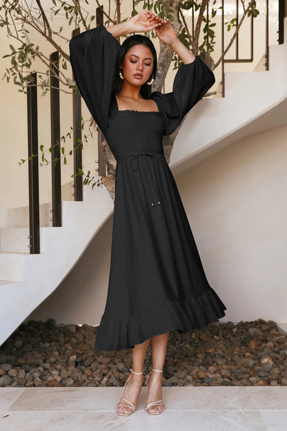 Autumn Square Collar Pleated Lantern Sleeve Women Wear High Sense Elegant Ruffle Dress