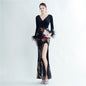 Craft Ostrich Feather Sequin Velvet Side Slit Long Sleeve Evening Dress